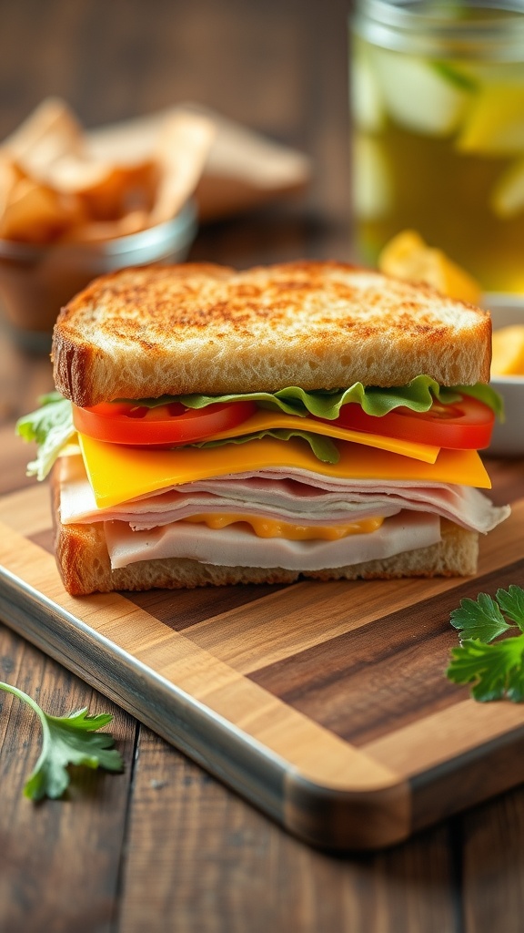 A turkey and cheese sandwich with lettuce and tomato, accompanied by chips on a wooden surface.